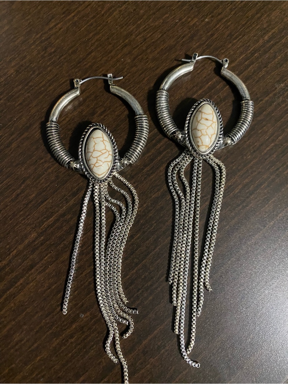 Boho Silver Hoop Earrings with Cream Stone & Fringe